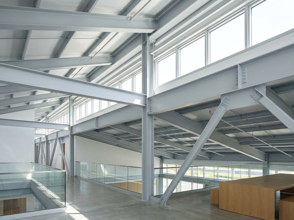 Structural steel framing with bolted moment connections in a completed building