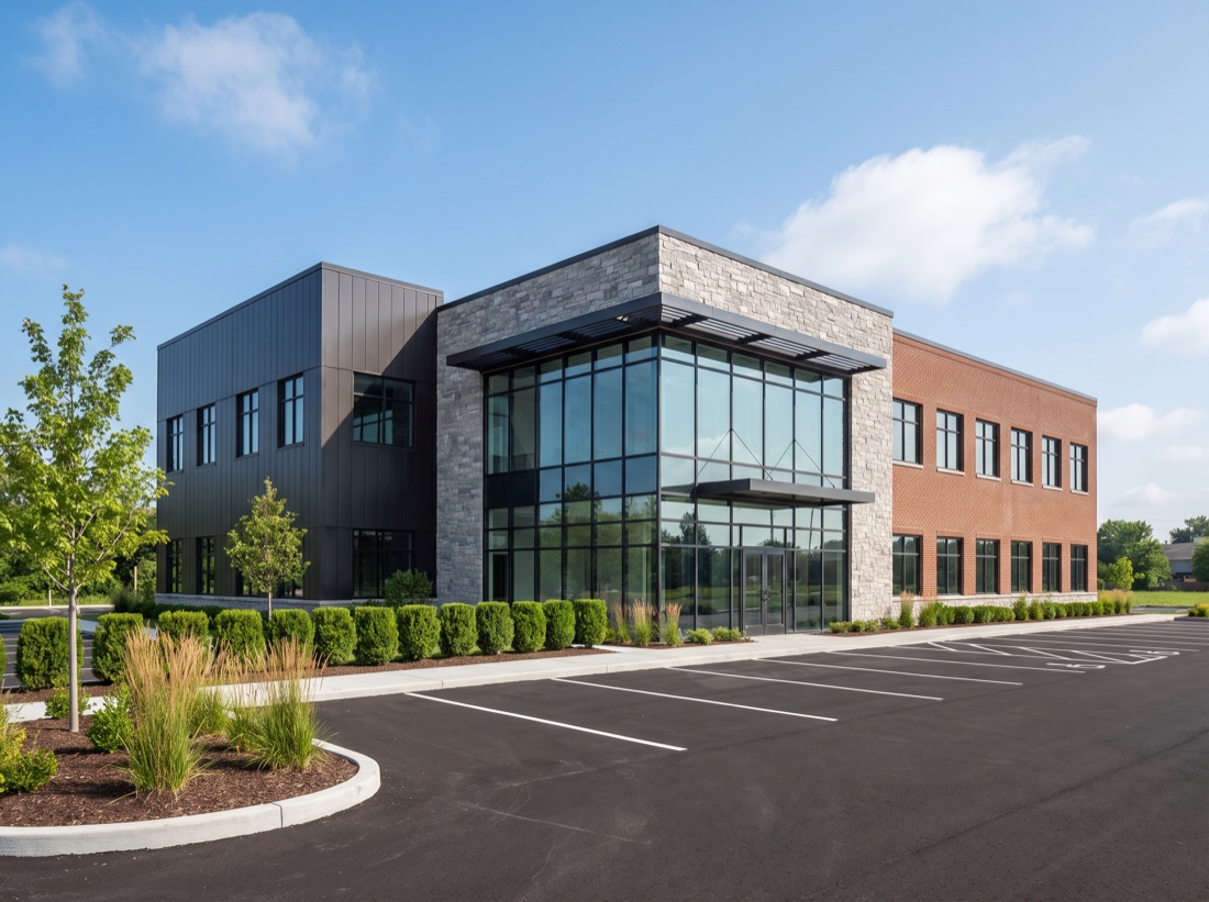 Commercial metal building with a stone and brick office front