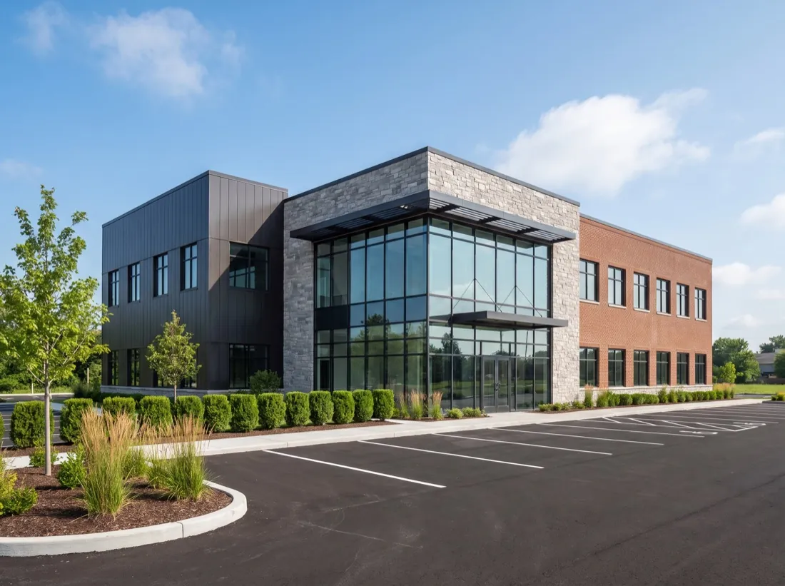 Commercial metal building with a stone and brick office front