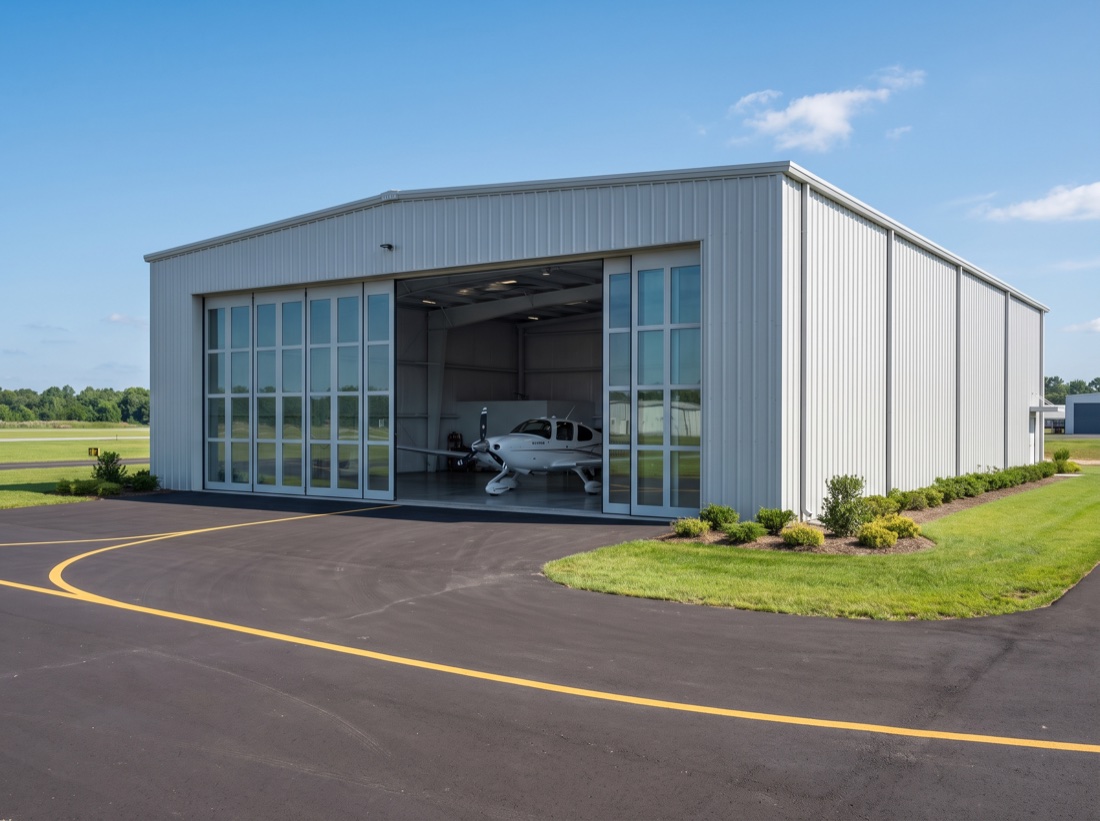 Steel aircraft hangar with a tall bi-fold door
