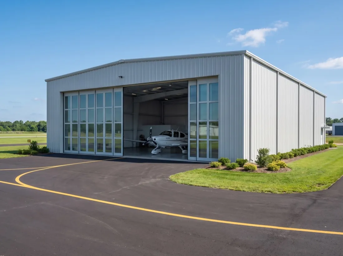 Steel aircraft hangar with a tall bi-fold door
