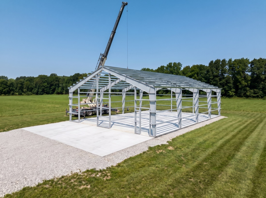 Steel building frame being erected
