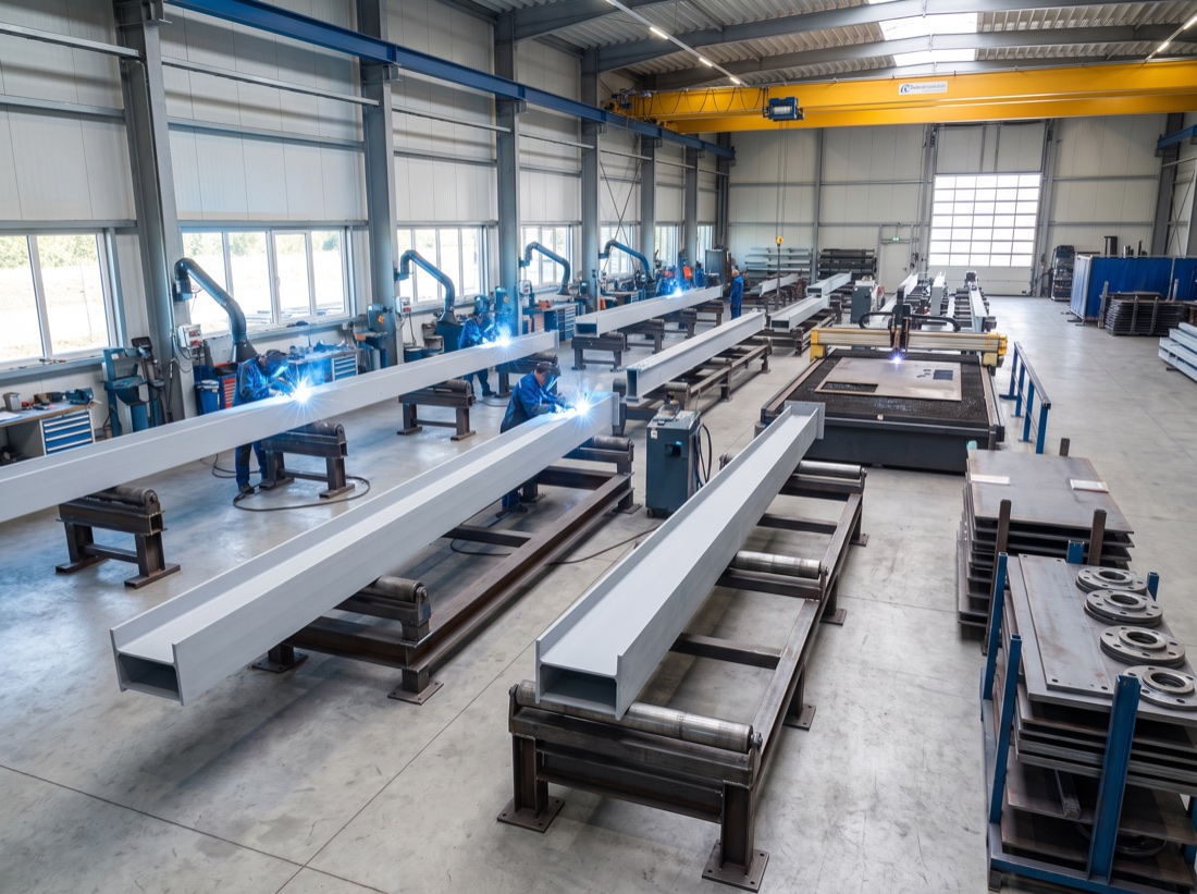 Structural steel being fabricated in the shop