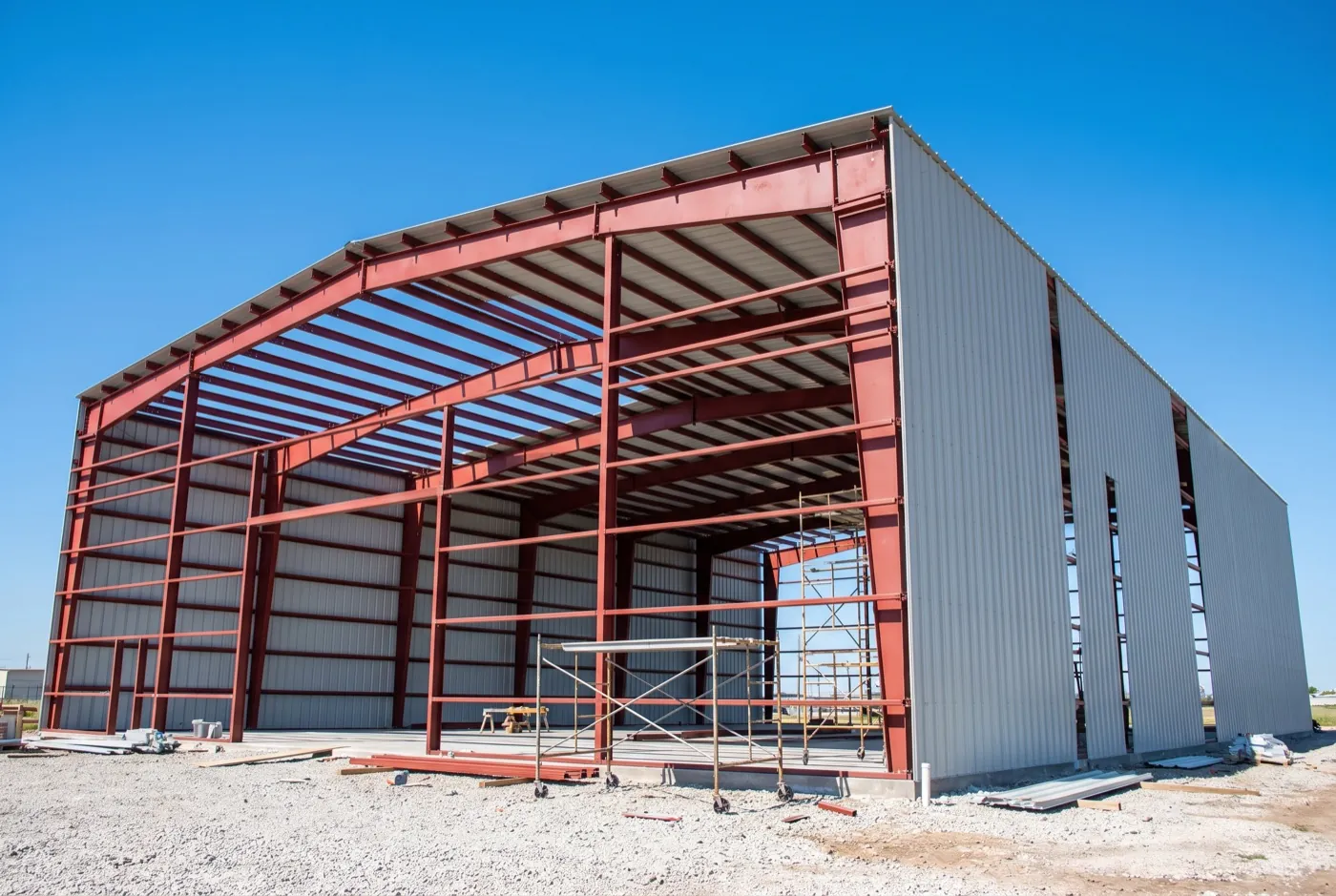 Structural steel frame of a metal building with rigid frames, purlins and girts, partway through cladding